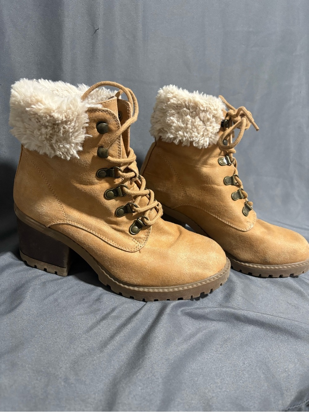 Women’s Tan Faux-Fur Lace-Up Ankle Boots